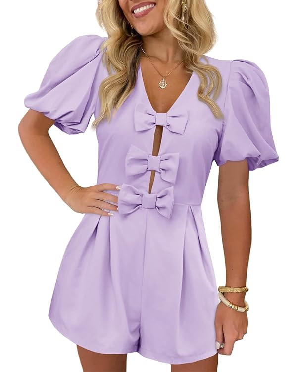 Cicy Bell Womens Cute Rompers Bow Front Puff Sleeve V Neck Short Jumpsuits Sexy Summer Outfits wi... | Amazon (US)