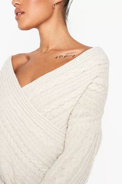 Off The Shoulder Cable Knitted Jumper Dress | Boohoo.com (UK & IE)