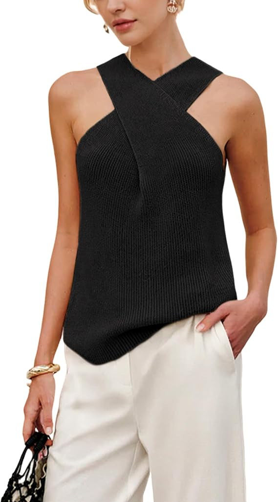 Yeokou Women Halter Cross Over Collar Tank Knit Sleeveless Top Solid Color Casual Summer Blouse | Amazon (US)