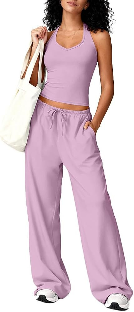 Women's Sexy 2 Piece Outfits Sleeveless Halter Tank Top and Loose Wide Leg Pants Matching Lounge ... | Amazon (US)