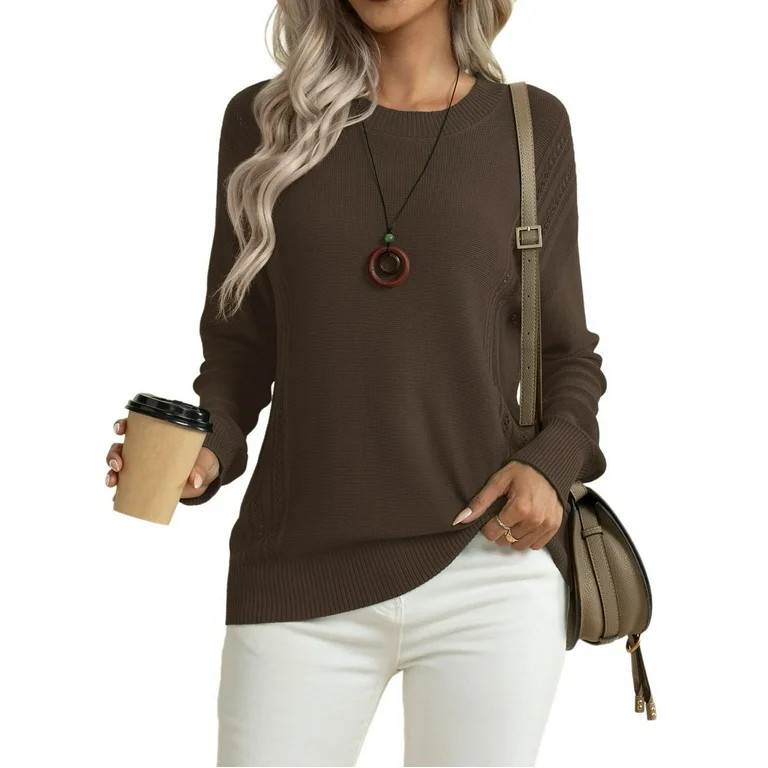Asklazy Women's Fall Soft Crewneck Long Sleeve Hollow Cable Knit Pullover Sweaters,US Size,S,Brow... | Walmart (US)