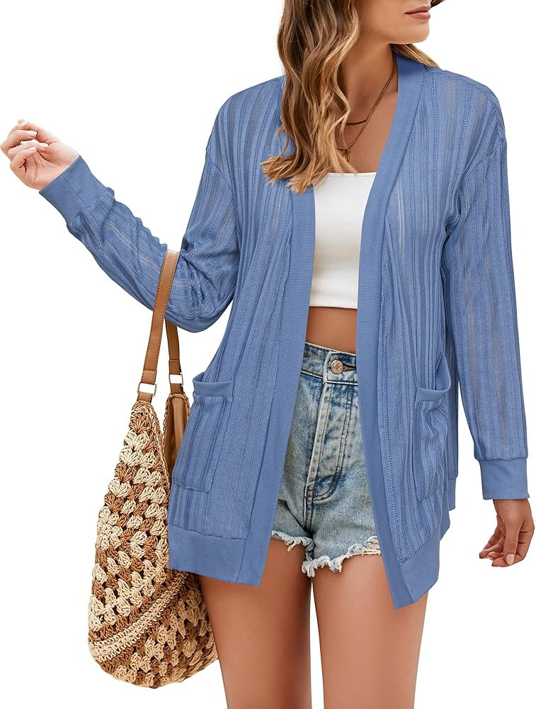 STYLEWORD Women's 2025 Summer Fashion Cardigan Lightweight Boho Knit Hollow Beach Cover Up Kimono... | Amazon (US)