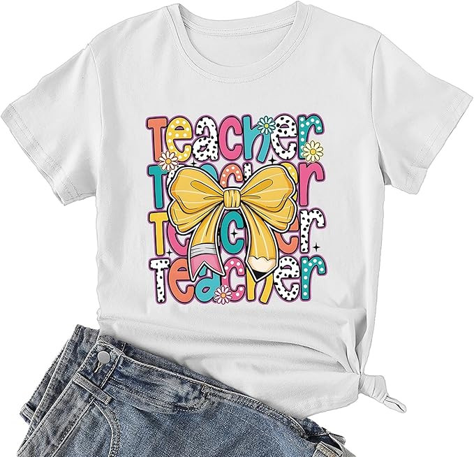 Teachers Shirt for Women Back to School Pencil Bow Graphic Tee Colorful Teacher Appreciation Top ... | Amazon (US)
