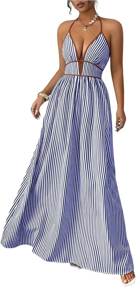 Floerns Women's Striped Halter Maxi Dress Backless Smocked Beach Vacation Boho Dress | Amazon (US)