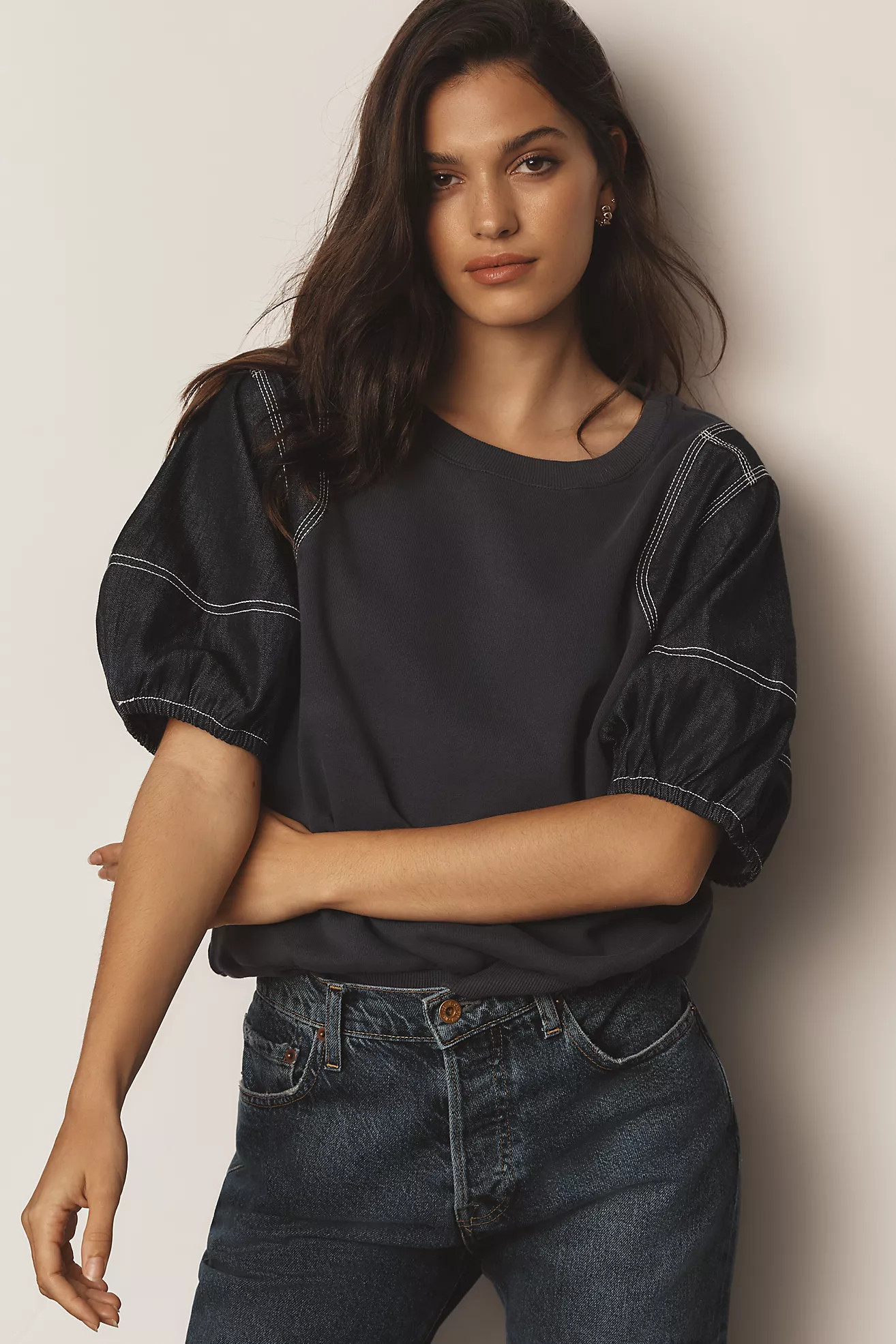 Pilcro Denim-Sleeve Twofer Sweatshirt | Anthropologie (US)
