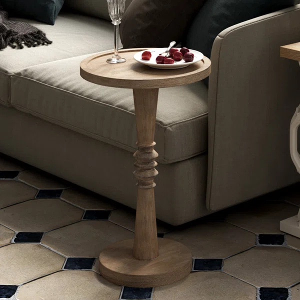 STKT Pedestal Small Drinking Table, Farmhouse Tray Top End Table, Distressed Natural Wood Color | Wayfair North America