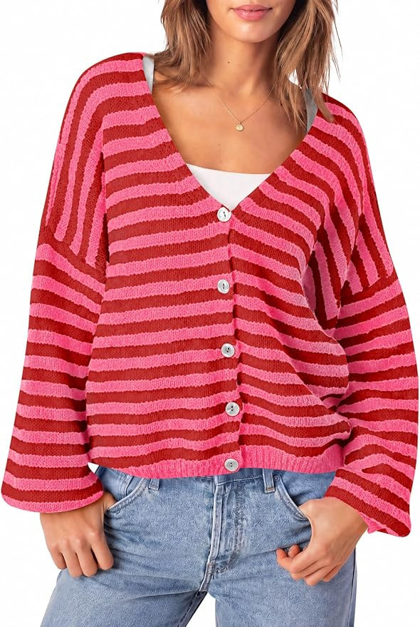 Saodimallsu Womens Striped Cardigan Sweaters Fall Trendy V Neck Button Up Long Sleeve Loose Knit ... | Amazon (US)