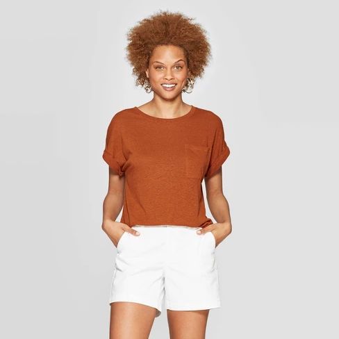 Women's Regular Fit Short Sleeve Crewneck Linen Cuff T-Shirt - A New day™ | Target