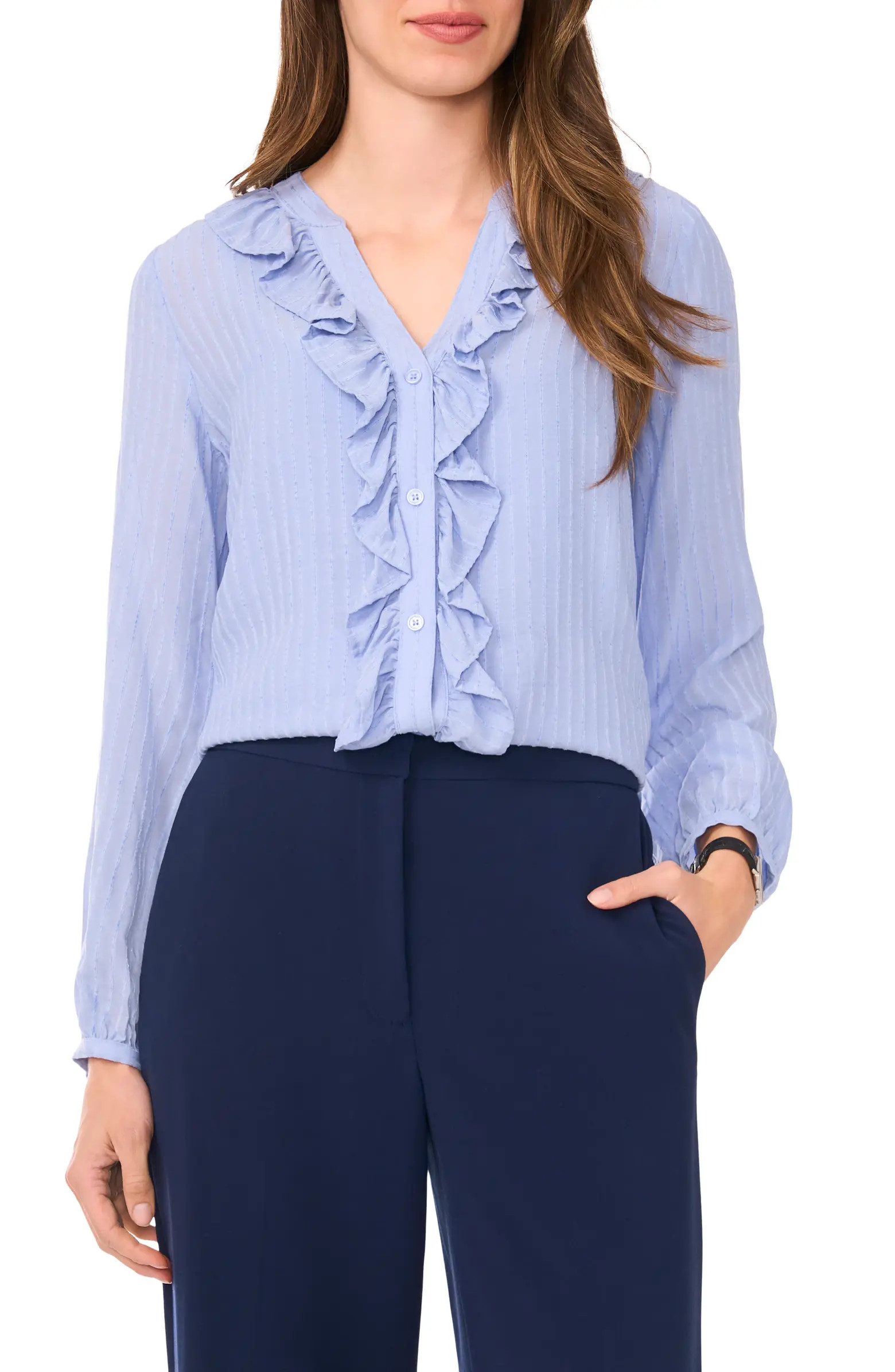 Halogen® Ruffle Placket Stripe Button-Up Shirt | Nordstrom | Nordstrom