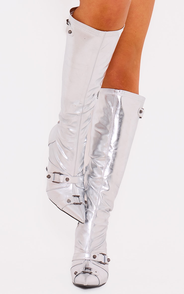 Silver Pu Metallic Buckle Detail High Heeled Knee Boots | PrettyLittleThing UK
