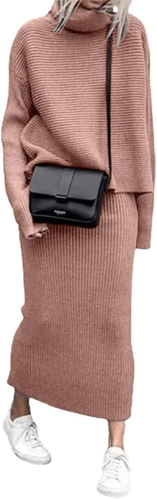 chouyatou Women's Turtleneck 2 Piece Outfits Ribbed Knit Sweater Midi Pencil Skirt Set | Amazon (US)
