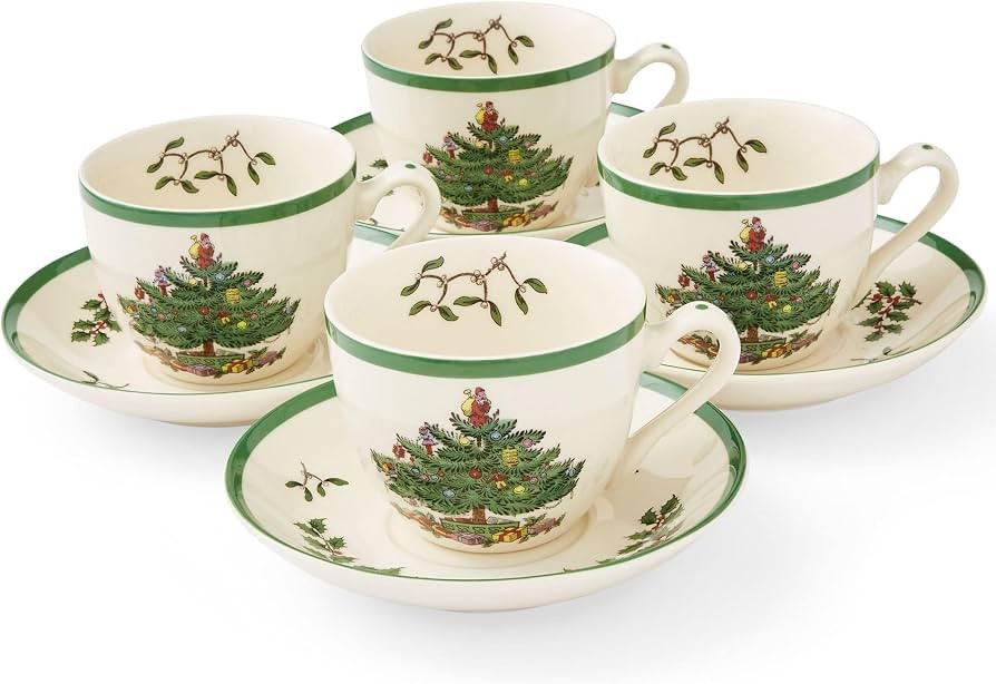 Spode Christmas Tree Teacup & Saucer Set (Set of 4) - 7 Oz Earthenware Cup for Tea, Coffee, Cappu... | Amazon (US)