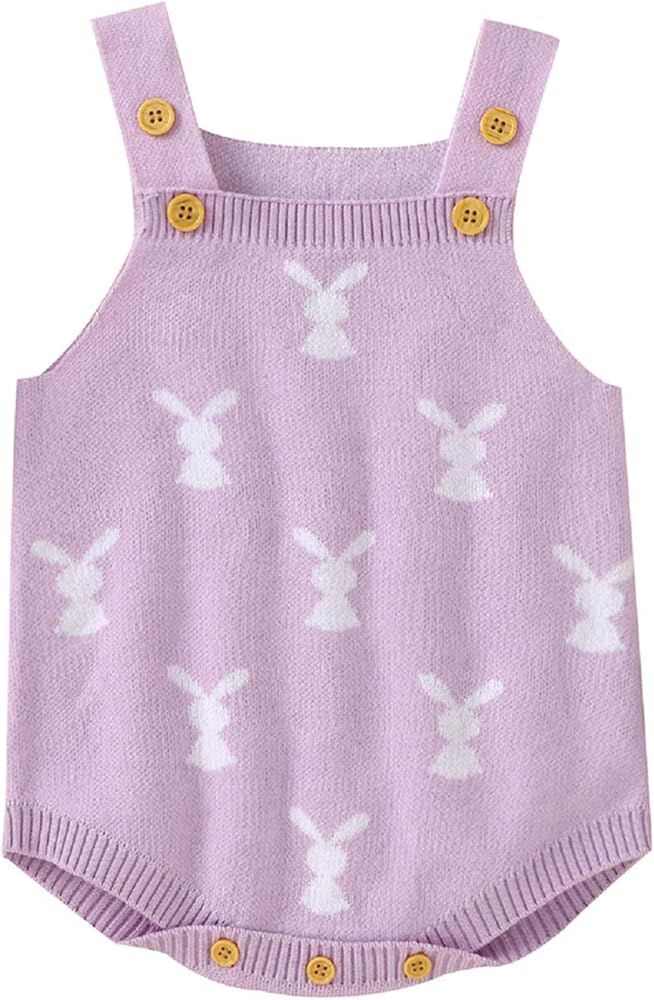Baby Girls Knitted Romper Sleeveless Strap Cute Rabbit Bunny Knit Jumpsuit Bodysuit | Amazon (US)