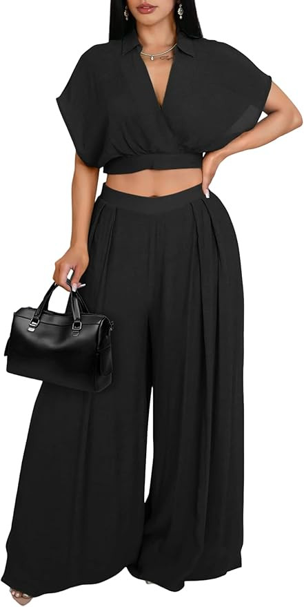 Women Two Piece Outfit V Neck Crop Top Batwing Sleeve Flowy Wide Leg Pants Set Summer Vacation Tr... | Amazon (US)