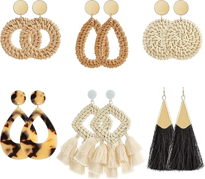 Ponpon 6-18 Pairs Earrings for Women, Lightweight Summer Earrings Straw Earrings Fashion Geometri... | Amazon (US)