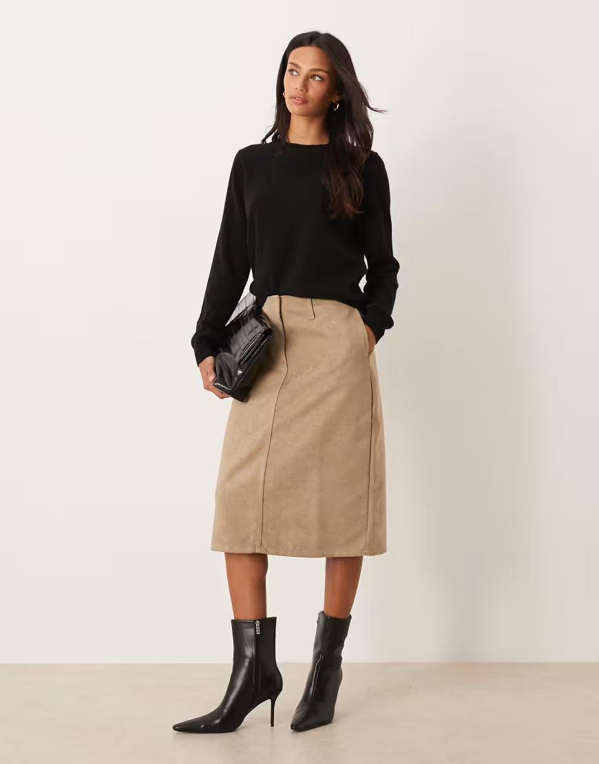 ASOS DESIGN faux suede pencil skirt with clean waistband in beige-Neutral | ASOS (Global)