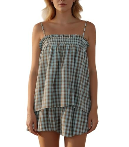 Faymlc Women Gingham Two Piece Set Sleeveless Babydoll Tank Top and Plaid Shorts Pajama Set Sleep... | Amazon (US)