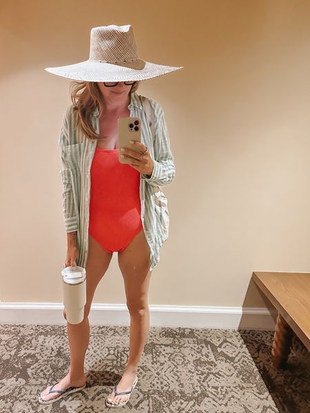 Pool weather ready ☀️ favorite new one piece bathing suit -
Hat: Van Palma
Suit - Hunza G
Top - rails stripe 
Bag- aloha bags
Stanley duh

#LTKover40 #LTKSeasonal #LTKstyletip