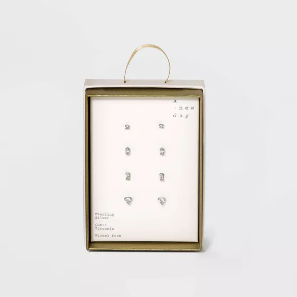 Sterling Silver Cubic Zirconia Multi Shape Stud Earring Set - A New Day™ Silver | Target