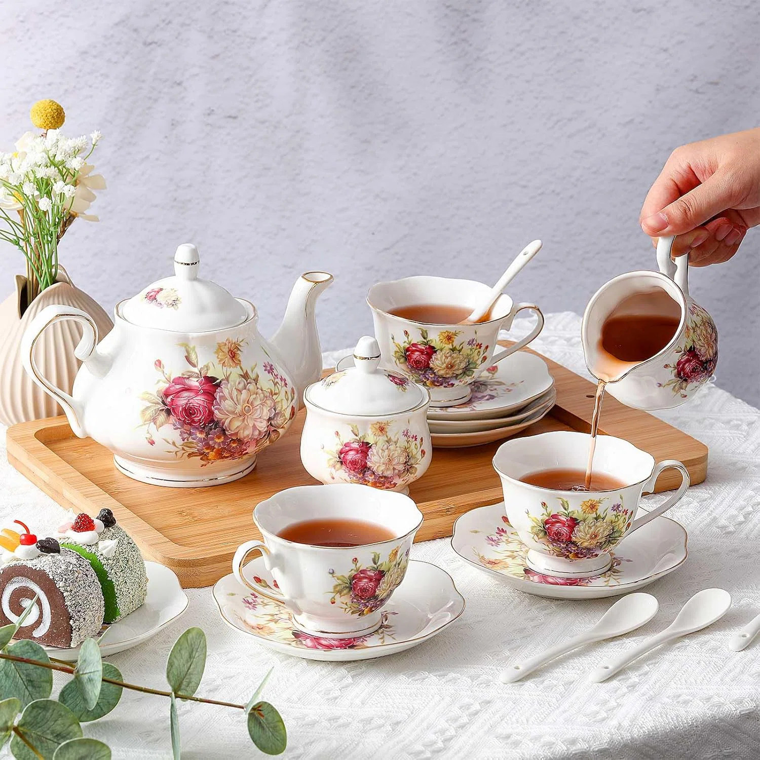 21 Pcs European Porcelain Tea Set Vintage Floral | Wayfair North America