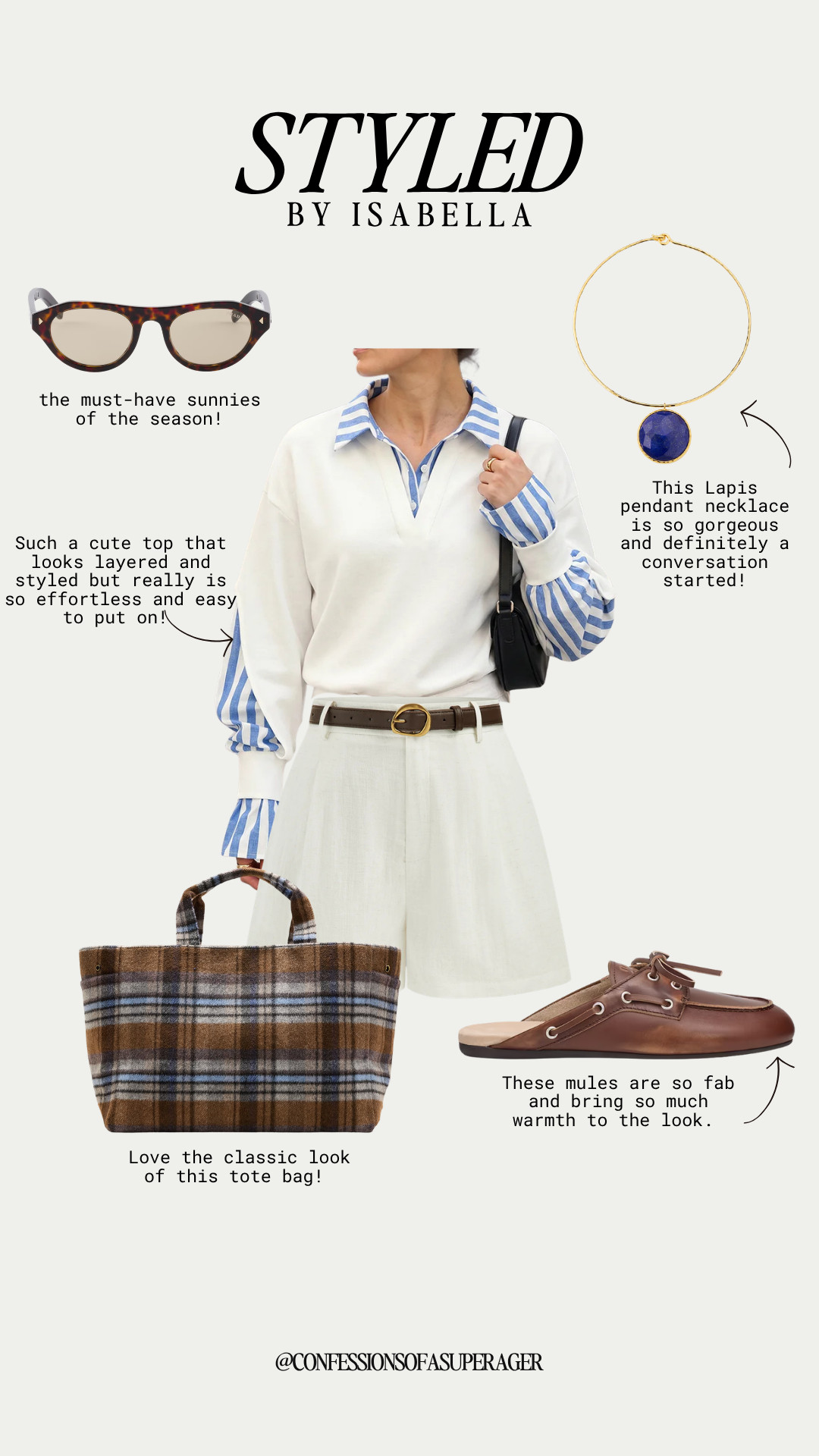 Effortless chic meets classic style 🤍 This polished neutral outfit is perfect for late summer into fall, featuring a striped layered blouse, crisp white skirt, classic plaid tote, comfortable leather mules, statement lapis pendant necklace, and must-have sunglasses. Tap to shop this timeless look and elevate your everyday wardrobe! ✨ #FallFashion #FallOutfit #ClassicStyle #TimelessStyle #NeutralStyle #EffortlessChic #Over50Style #FashionOver50 #AgelessStyle #EverydayStyle #WorkwearStyle #PreppyStyle #LTKStyle #LTKFashion #ConfessionsOfASuperAger 

 #LTKootd #LTKOver40 #LTKSaleAlert