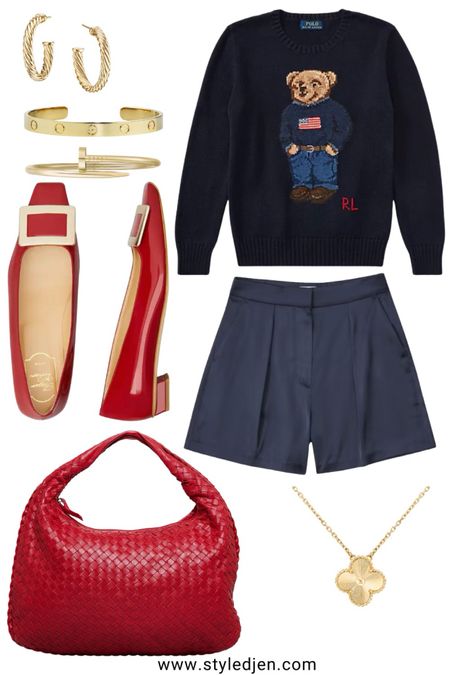 Fall outfit idea - navy silk shorts, Ralph Lauren bear sweater, red flats

#LTKfindsunder100 #LTKSeasonal #LTKstyletip