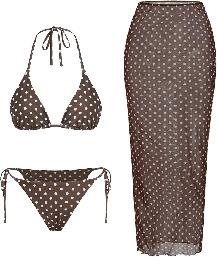 ZAFUL Womens 3pcs Swimsuit Floral Halter Triangle Bikini Top Tie Side Bottom with Long Sheer Cove... | Amazon (US)