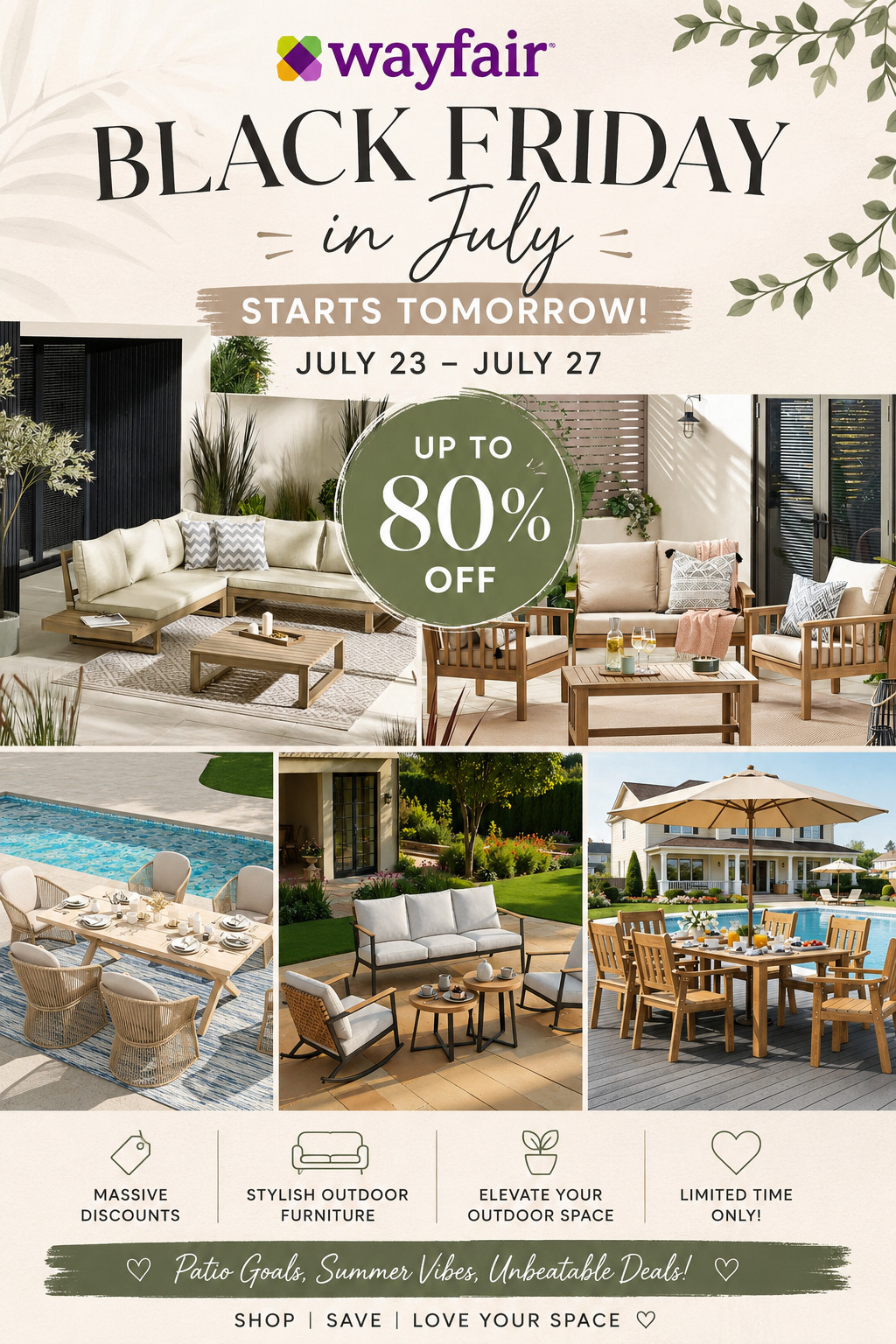 I’m not even kidding when I say this sale changes everything 😭✨ Wayfair Black Friday in July (July 23–27) is dropping up to 80% off and the outdoor section is a DREAM. Patio sofas, conversation sets, dining tables—everything you need for the perfect backyard setup. If you’ve been wanting that aesthetic outdoor vibe, now is the time to make it happen 💅
#WayfairFinds #BlackFridayInJuly #OutdoorDecor #PatioFurniture #BackyardGoals #LTKHomeInspo #HomeDeals #SummerVibes 

 #LTKSeasonal #LTKHome #LTKSaleAlert