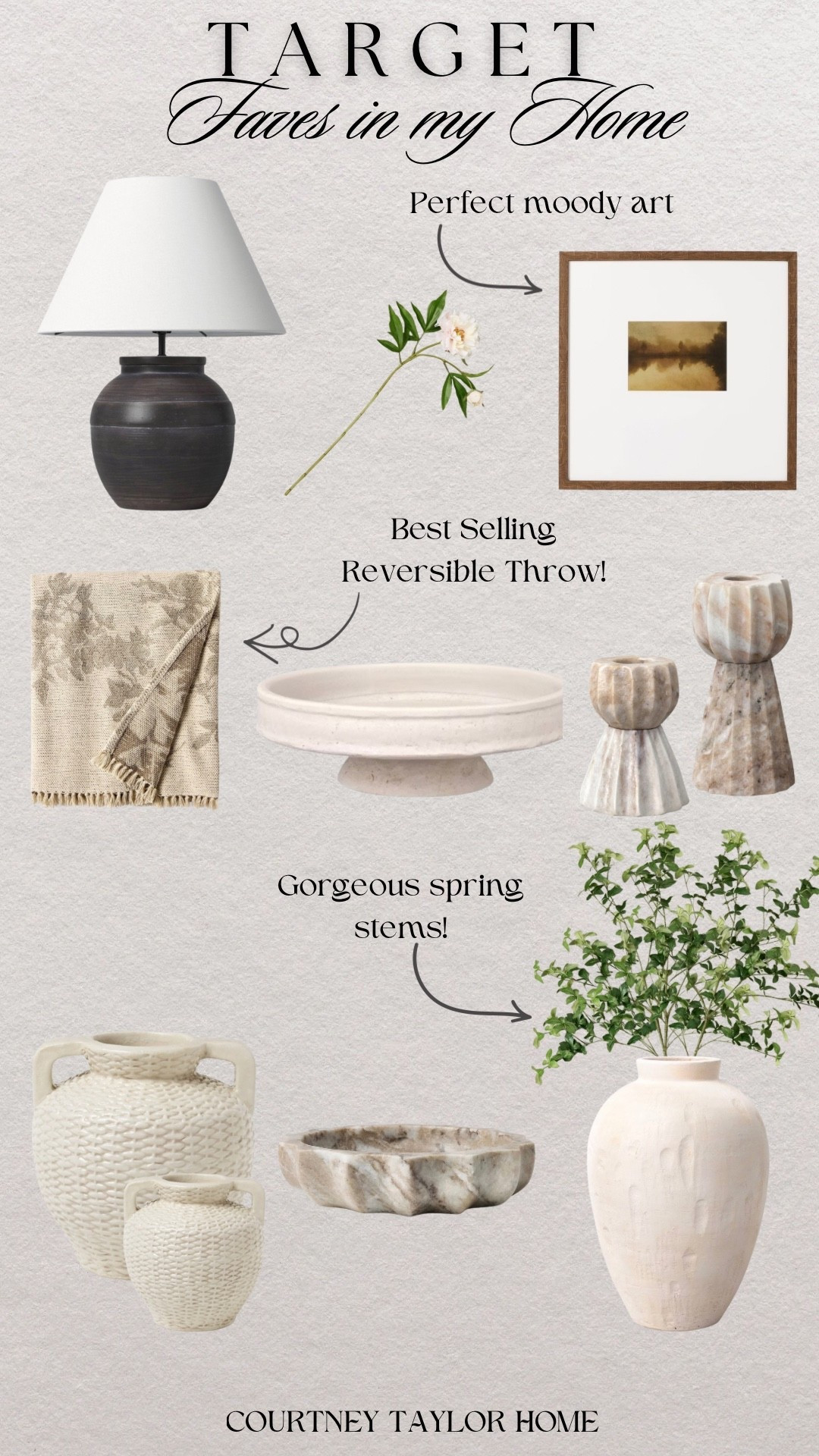 Here are some of my favorite Target finds that I have and love in my home! Everything from my large affordable table lap, to my handled vases, gorgeous green spring stems that transition perfectly into spring, to my marble candleholders and reversible throw blanket! These pieces are perfect pieces to add a touch of warmth and timeless charm to your home! 

#LTKHome