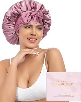 AWAYTR Silk Bonnet for Sleeping Women 100% Mulberry Silk Bonnet with Band 2 Layer Reversible Hair Bonnet Sleeping Hair Wrap (Silk, Dust rose/Pink) | Amazon (US)