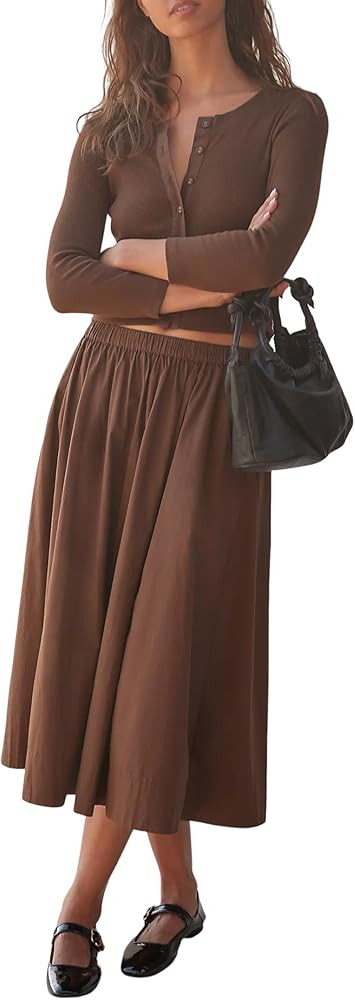 Womens Skirt Sets Long Sleeve Button Down Cardigan Elastic Waist Dress Midi Skirt Fashion Clothes | Amazon (US)