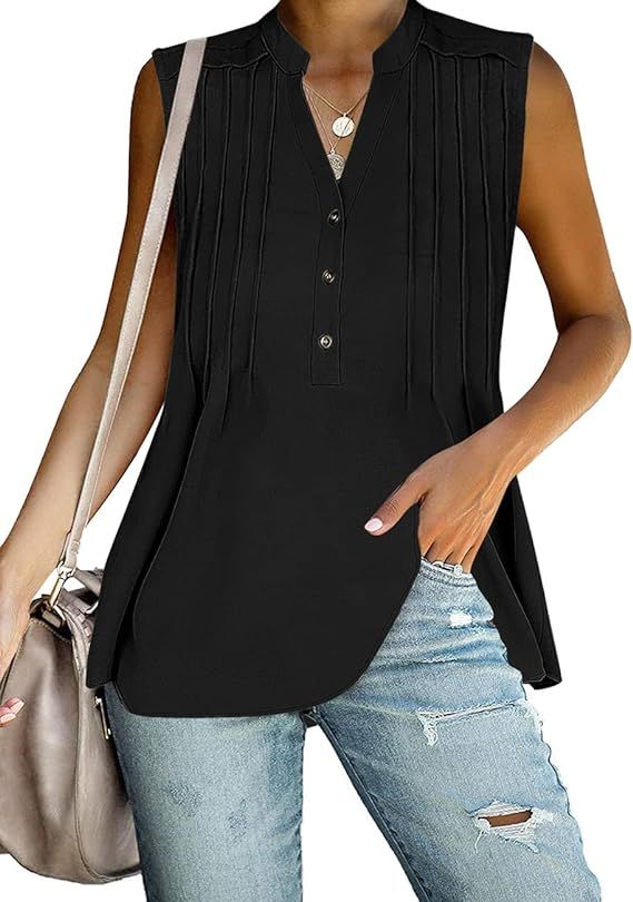 Uqnaivs Women's V Neck Button Up Tank Tops Pleated Sleeveless Blouses Shirts | Amazon (US)