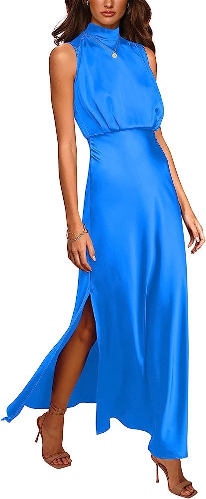 PRETTYGARDEN Women's Long Formal Satin Dress Mock Neck Sleeveless Side Slit Flowy Maxi Tank Dress... | Amazon (US)
