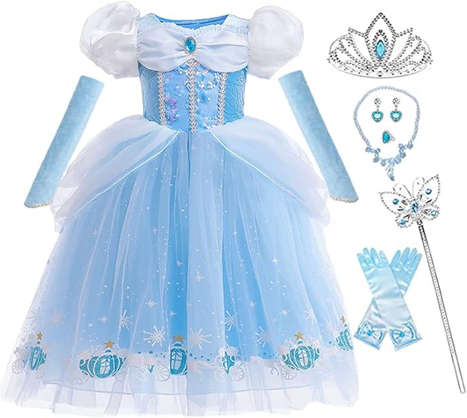 Cinderella Princess Dress Girls Halloween Party Cosplay Costume Toddler Puffy Sleeve Blue Fancy O... | Amazon (US)