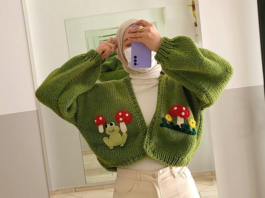 Frog Chunky Knit Cardigan - Cropped Cardi , Oversized Mushroom Cardigan Crochet Sweater | Etsy (US)