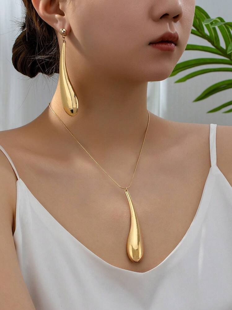 1pc Geometric Teardrop Shaped Pendant Necklace & 1pair Teardrop Shaped Pendant Earrings Set, Vint... | SHEIN
