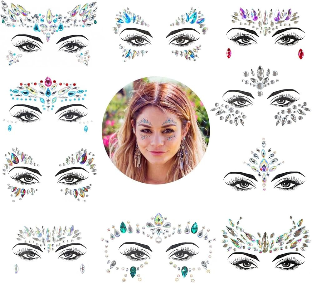 Face Gems, 10 Sets Mermaid Face Jewels for Party, Rave Festival | Amazon (US)