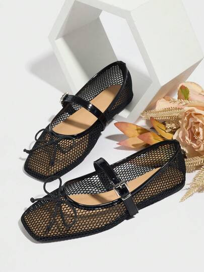 New Ballerina Flat Shoes, Square Toe Flat Shoes For Women, Solid Color With Bow Decor, Breathable... | SHEIN
