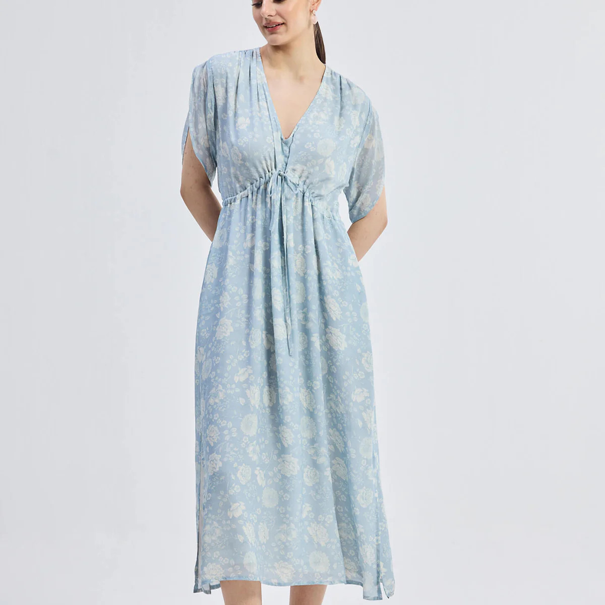 Maxi Gathered Dress in Blue Florals | Reistor