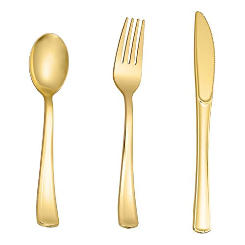 N9R 160pcs Gold Plastic Silverware - Gold Plastic Utensils Set - Tableware Flatware Kit 80 Forks, 40 Spoons, 40 Knives Disposable Cutlery Set for Party, Wedding, Birthday | Amazon (US)