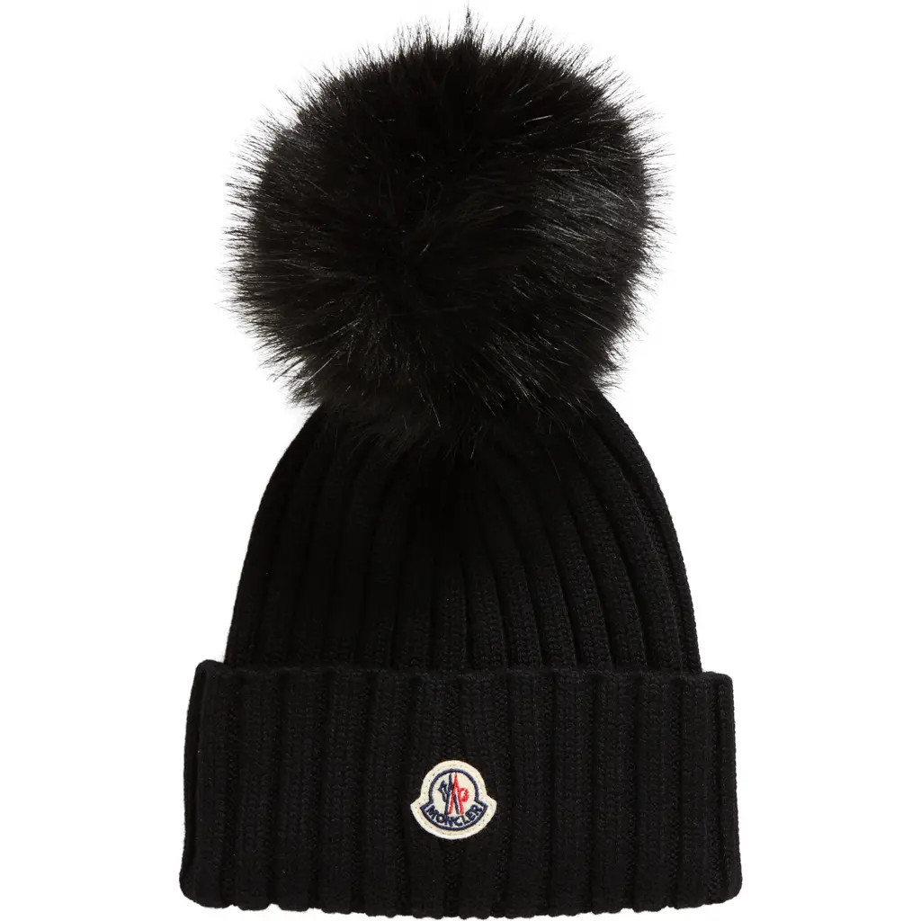 Moncler Virgin Wool Rib Beanie with Faux Fur Pompom in Black at Nordstrom | Nordstrom