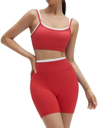 SUUKSESS Women 2 Pieces Workout Sets Padded Spaghetti Straps Camis High Waist Biker Shorts | Amazon (US)
