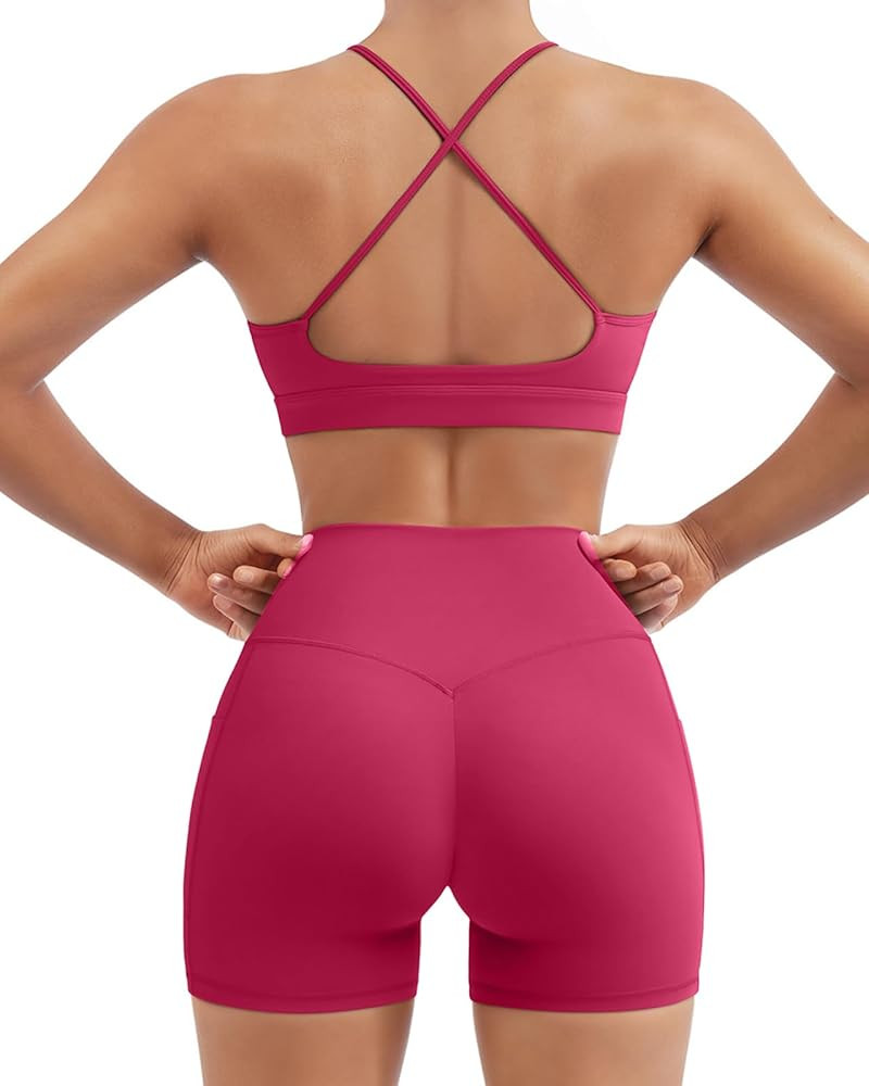 SUUKSESS Womens Workout Set Crew Neck Strappy Sports Bra Tank High Waist Tummy Control Bike Short... | Amazon (US)