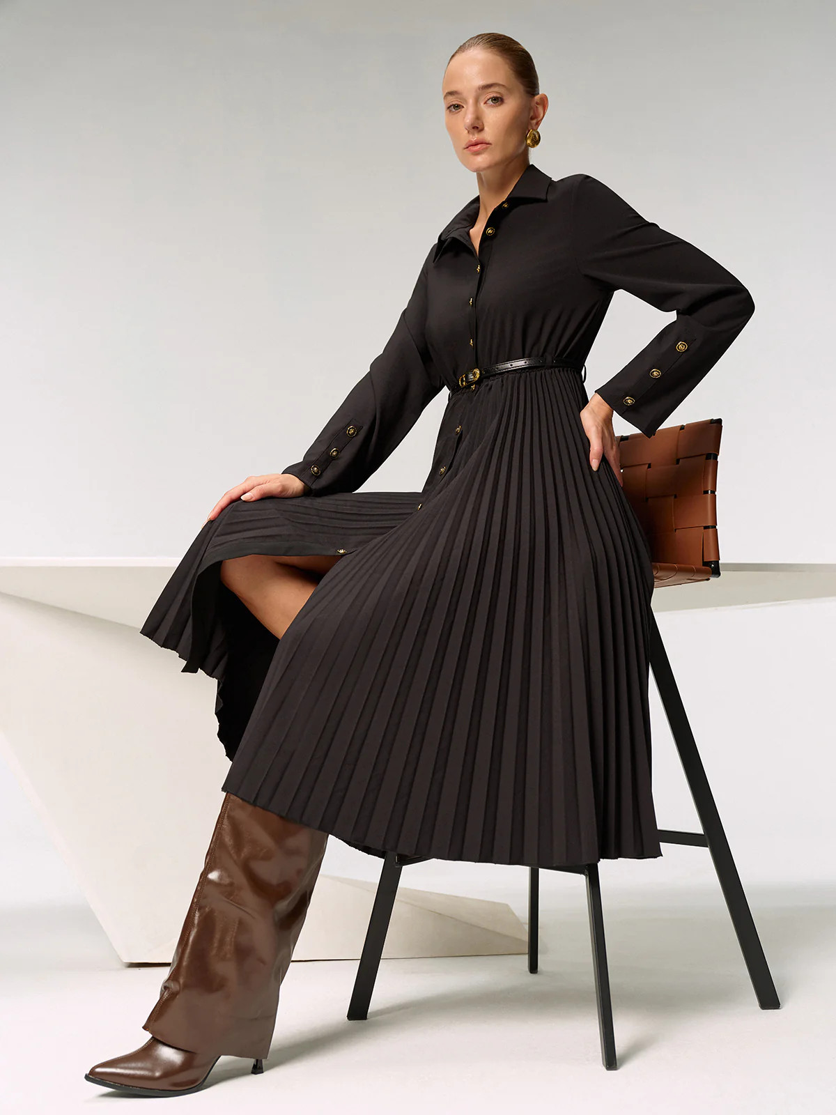 Metal Button Belted Pleated Shirt Dress | Commense