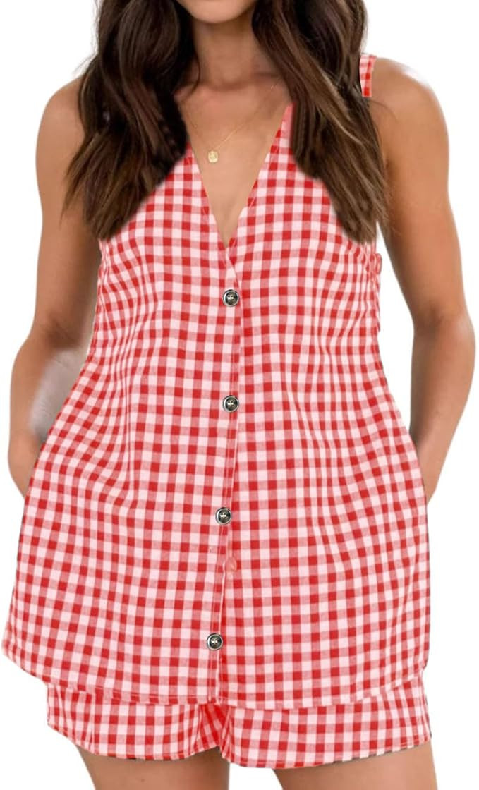 Amazon.com: codcm Women's 2 Piece Summer Outfits Gingham Vest and Shorts Matching Set(Red,Small) ... | Amazon (US)