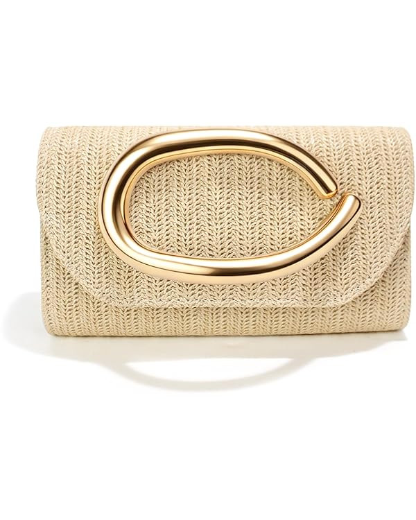 Straw Clutch Purses for Women,Summer Beach Bag,Woven Evening Handbags with Chain,Trendy Metal Han... | Amazon (US)