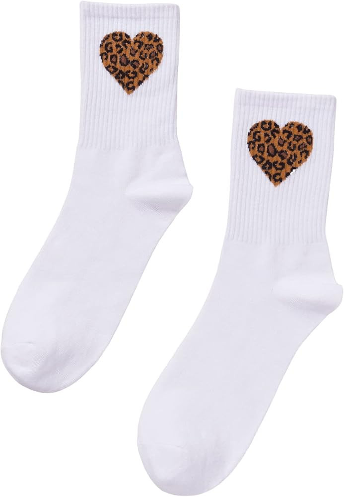 OYOANGLE Women's 1 Pairs Casual Heart Print Crew Socks Athletic Ankle Dress Socks | Amazon (US)