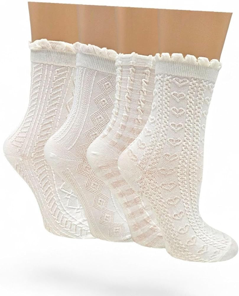 Opa! 4 pares de calcetines blancos lindos, calcetines casuales de encaje con volantes para mujer,... | Amazon (US)