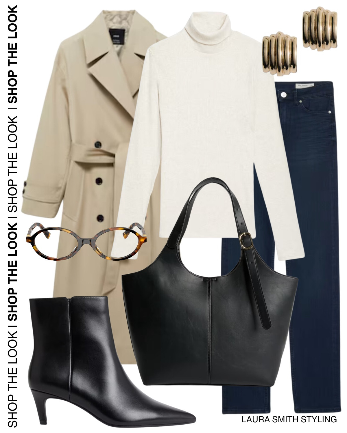 Workwear Outfit. 

Including brown trench coat, white rollneck top, dark blue straight jeans, oval shape glasses, gold stud earrings, black heeled boots, black tote bag  

#LTKuk #LTKwinter #LTKstyletip