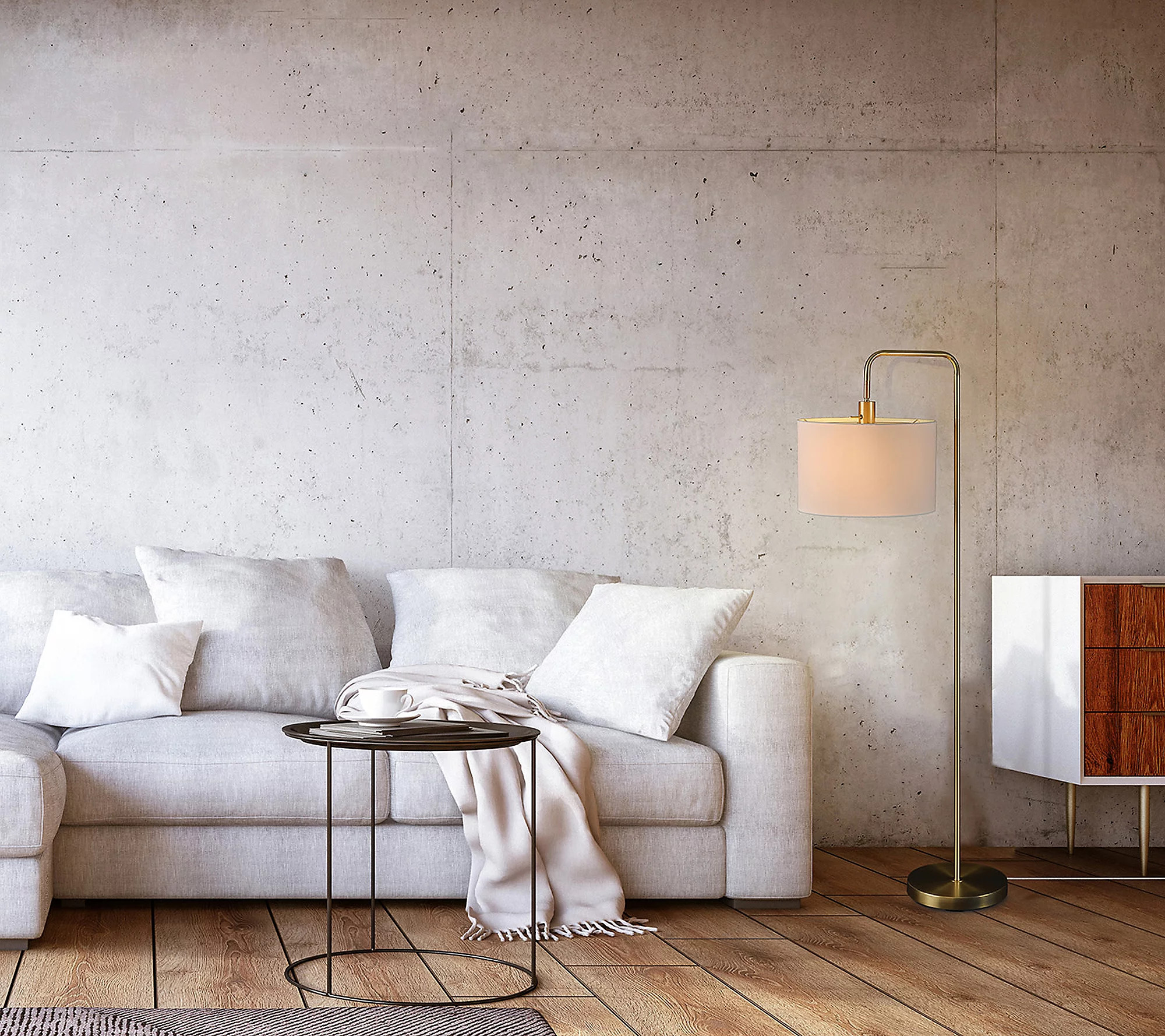 Globe Electric Barden 58 inch brass floor lamp with white linen shade, a dupe for the RH Pauillac floor lamp